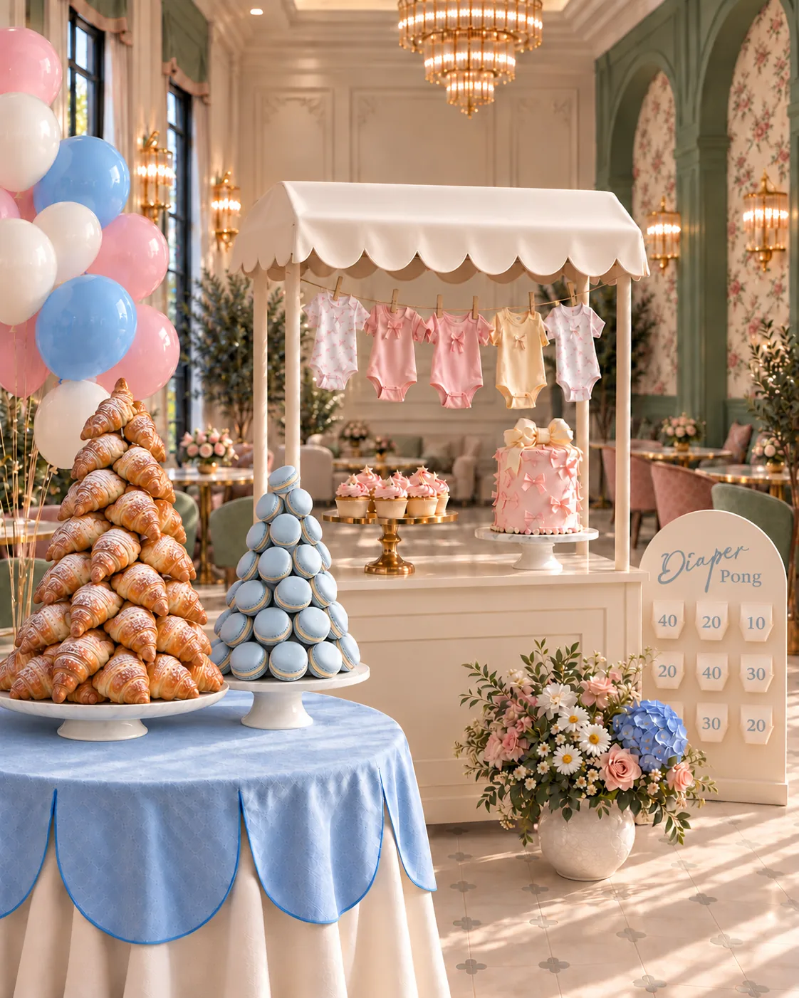 Baby shower with sugar-dusted croissant and macaron towers, a pristine ivory canopy and Diaper Pong