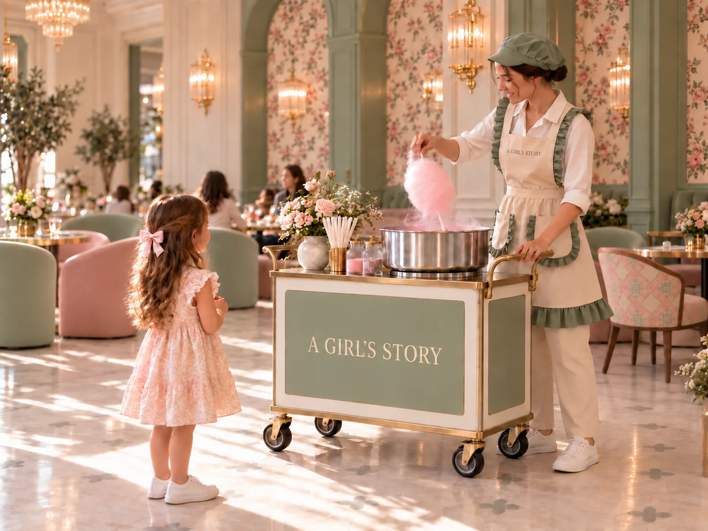 An attendant in the café’s beige apron with green ruffles and green cap making pink cotton candy for a child in the café