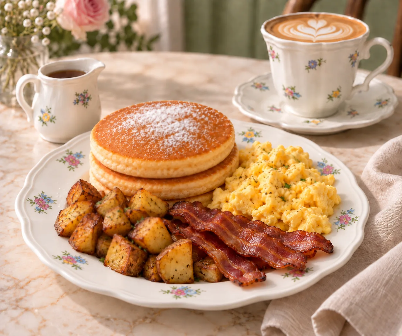 A generous stack of A Girl’s Story Pancakes with soft scrambled eggs, roasted potatoes, beef bacon and maple syrup served off the floral plate