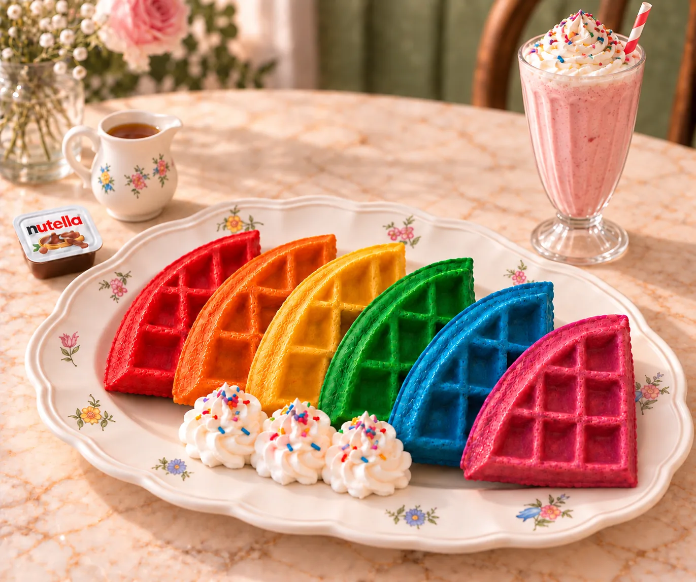 Colourful rainbow waffle wedges with cream on a floral plate, strawberry milkshake, maple syrup and Nutella