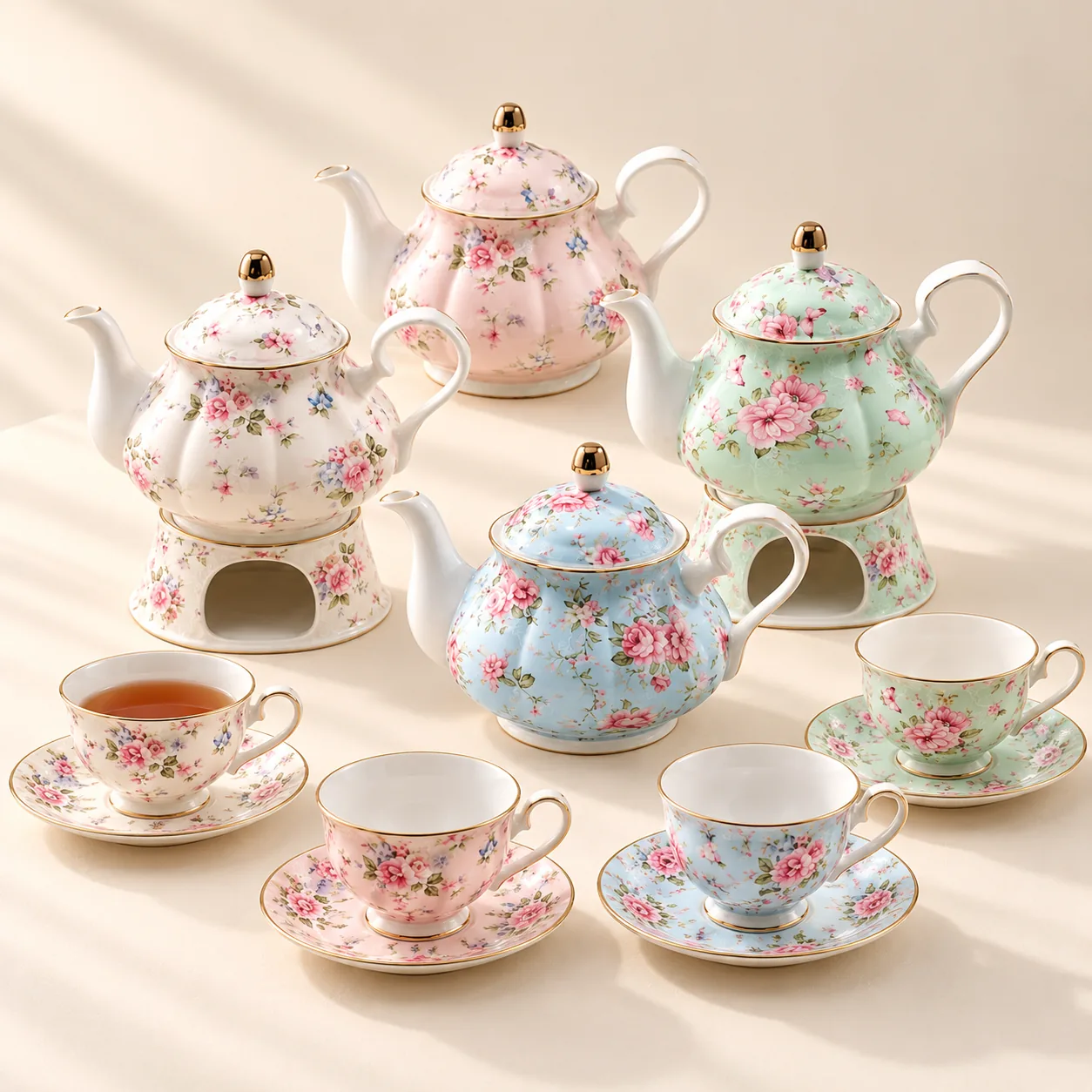 Four floral teapots with their matching cups and saucers